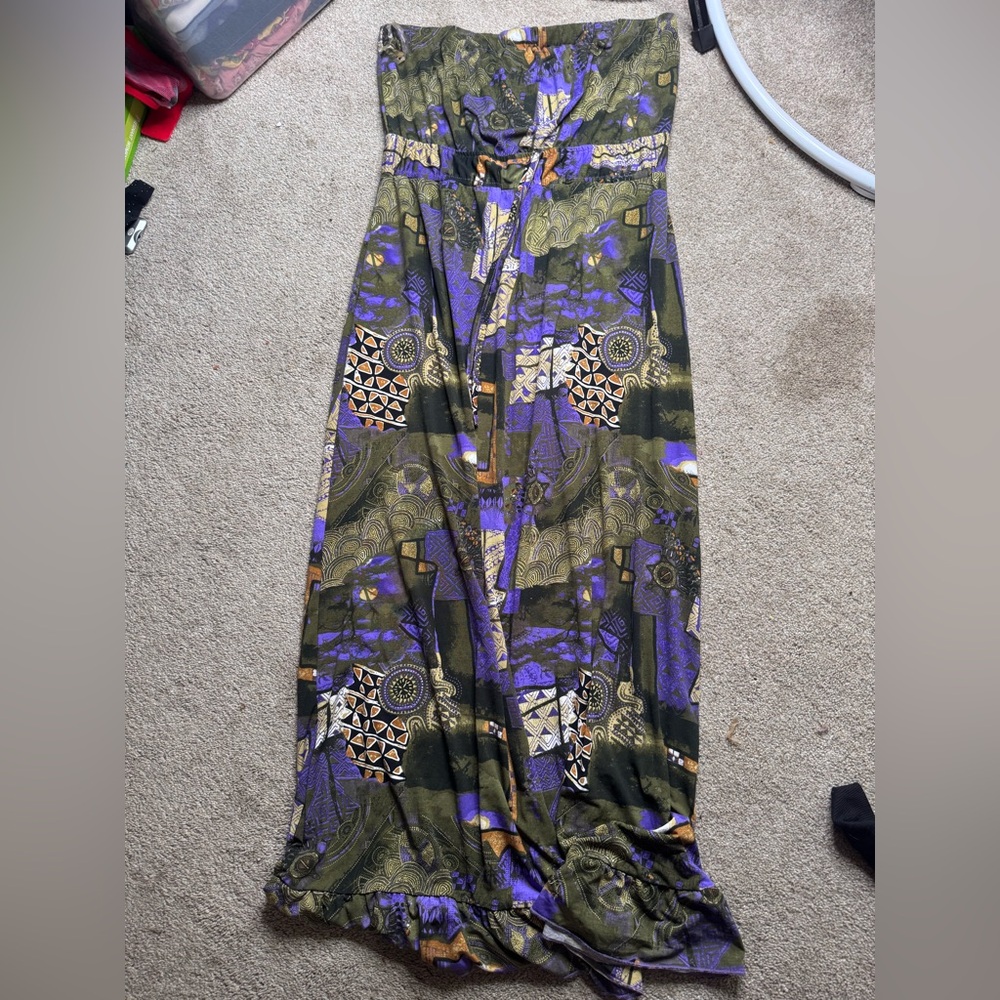 Dots Olive Green, Purple & Gold Patterned Strapless Dress